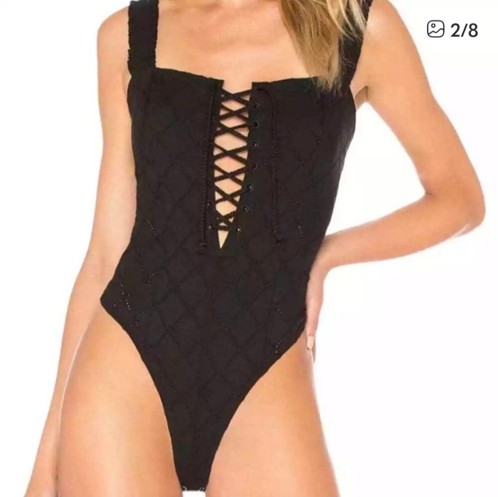 Free People Intimately, Black Bodysuit, Eyelet Lace, L